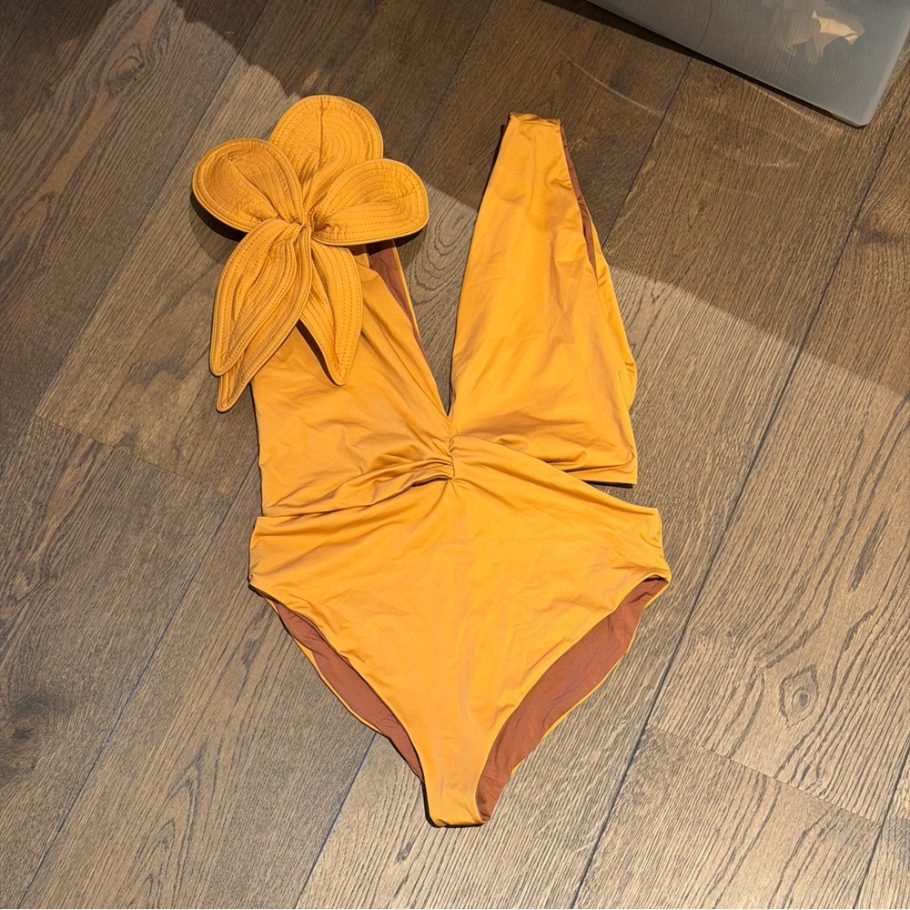 Johanna Ortiz Mustard Yellow Floral Applique One-Piece Swimsuit